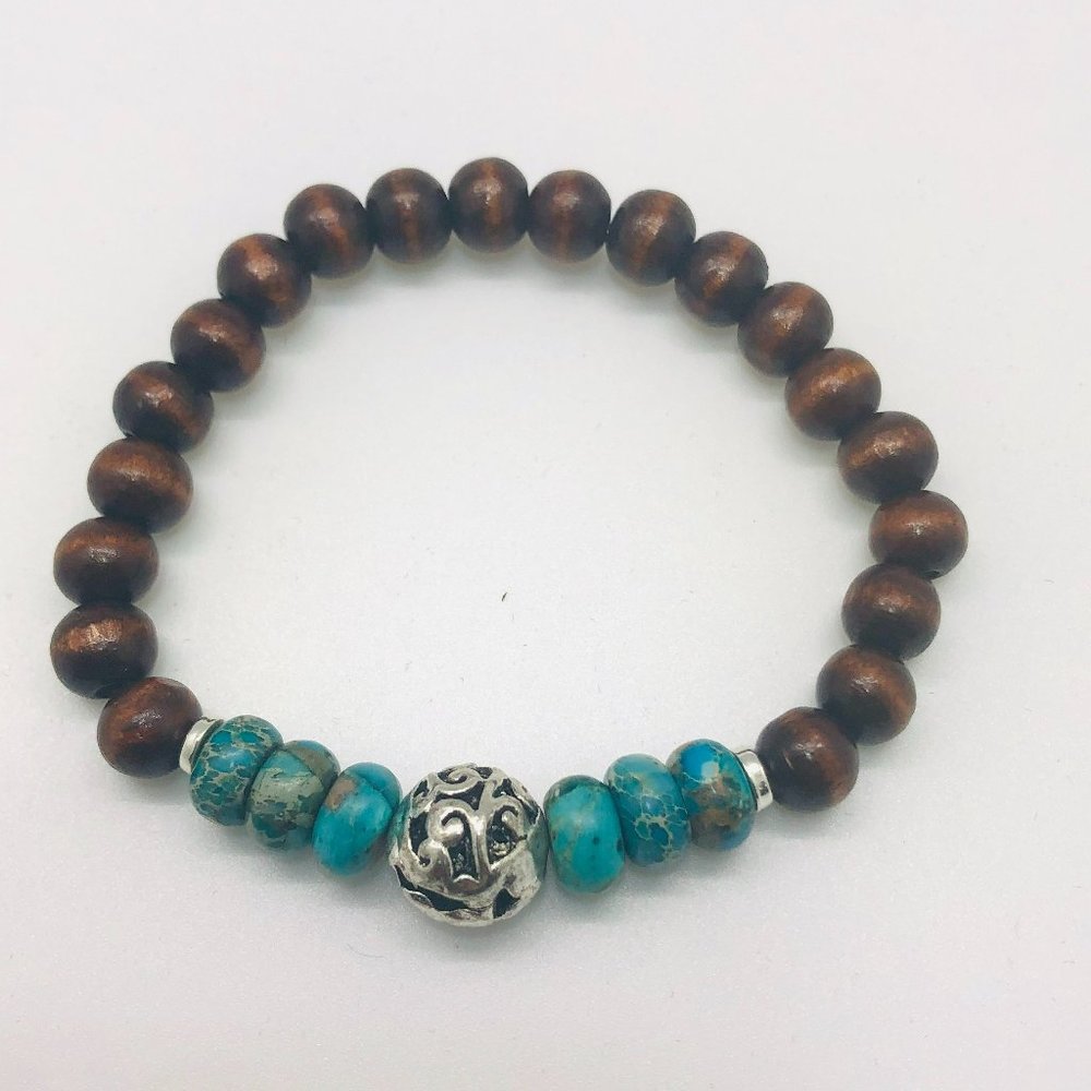 Beaded Bracelet - wood and turquoise - Picture 2 of 2